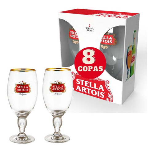 8 Copas De Cerveza Stella Artois Borde Dorado 330 Ml En Caja