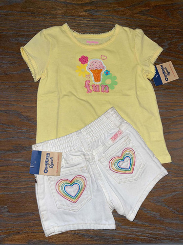 Short Jean Blanco Bordado Y Remera Nena Talle 2  Osh Kosh