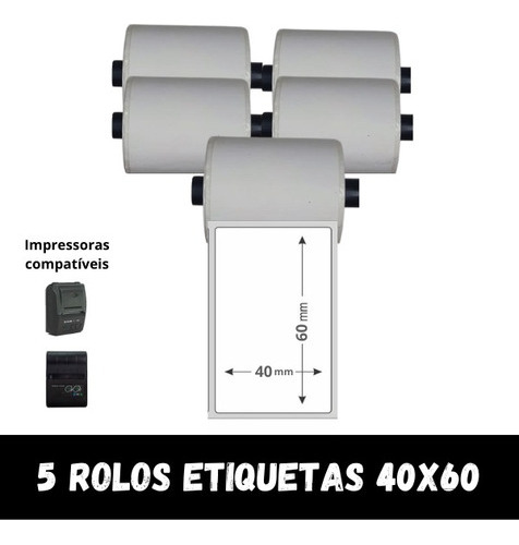 5 Rolos De Etiqueta Térmica Para Mini Impressora 40x60