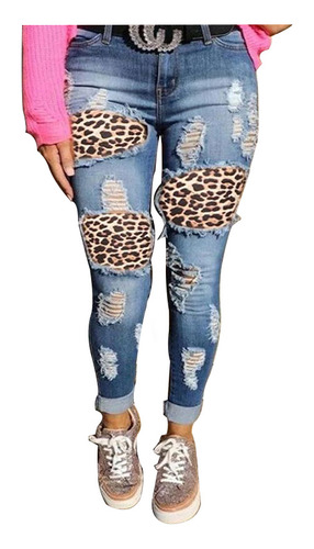 Pantalón Vaquero Roto Con Parche De Leopardo Para Mujer