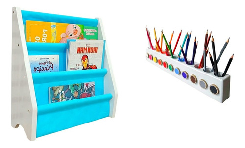 Rack Para Livros Infantil + Porta Lápis De Colorir Kit Kids