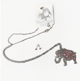 Collar Dije Diseño Elefante Con Aretes Plateado Rosa