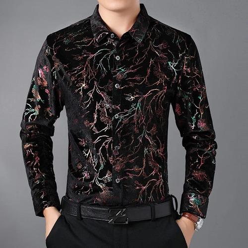 Ropa Floral De Lujo Para Hombre, Camisas Largas De Terciopel