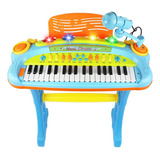 Piano De Juguete Con Microfono Para Niñas Niños Y Banco Color Azul