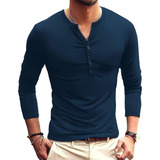 Playeras Hombre Camisa Henley De Manga Larga Casual Cuello V