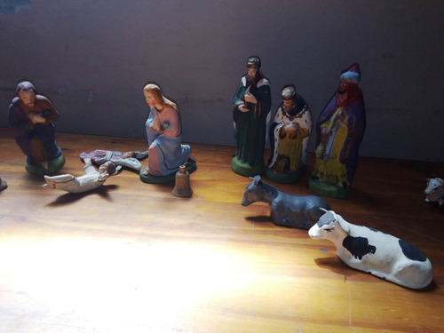 Pesebre Antiguo Pintado A Mano - Sagrada Familia Y Reyes 
