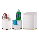 Kit Lixeira Porta Detergente Escorredor Talher Dourado Pia