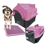 Kit Casinha Caixa De Transporte E Sanitário Pet Dog N4 Mec Cor Rosa
