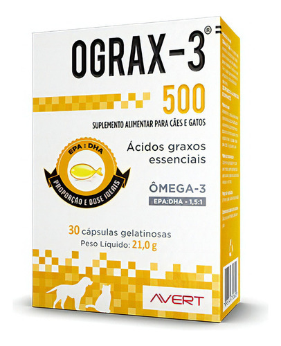Suplemento Em Cápsula Avert Ograx-3 Ograx-3 500 Com Ácidos Graxos Essenciais Para Cão/gato Todas As Idades Em Caixa De 30 Unidades