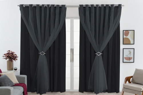 Cortina Blackout Pvc Com Voil Quarto Sala Largura 4,00x2,30 Cor Preto