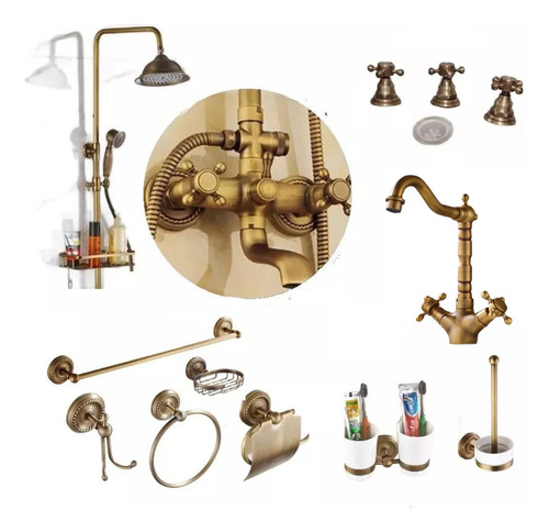 Baño Bronce Vintage Ducha + Bacha + Set Accesorios + Bidet