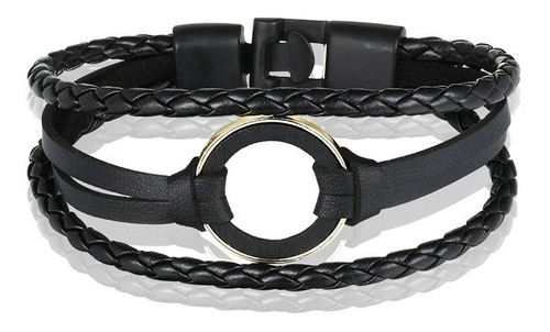 Manilla Pulsera Brazalete Cuero Negro Aro  Moda Para Hombre