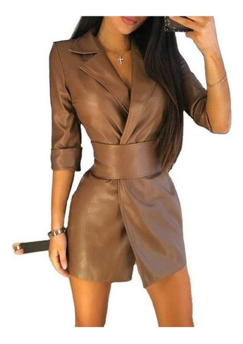 Vestido Con Cuello Estilo Blazer De Cuero Liso Para Mujer