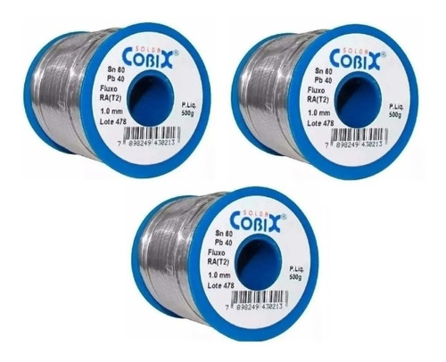 3 Rolos Solda Estanho 1,5mm 60x40 Cobix C/ Fluxo Ra 500g