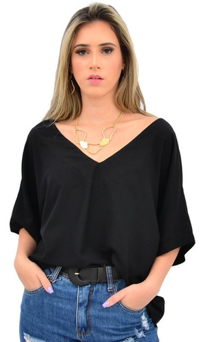 Blusa Feminina Manga 3/4 Gola V Básica Casual Promo De Ofert