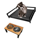 Comedouro Duplo Luxo + Cama Pet Estofado Preto Cães E Gatos