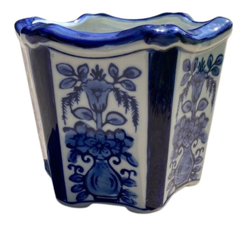 Vaso De Porcelana Azul C/ Branco 15x20 Floral Chinesa 