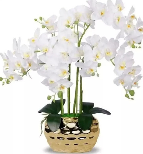 Arreglo De 4 Orquídeas Artificiales Y Maceta Cromada Plata