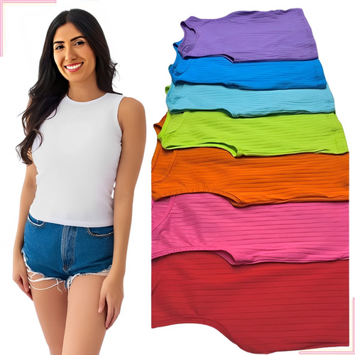 Kit 4 Blusa Canelada Regata Feminina Basica Colorida Verão