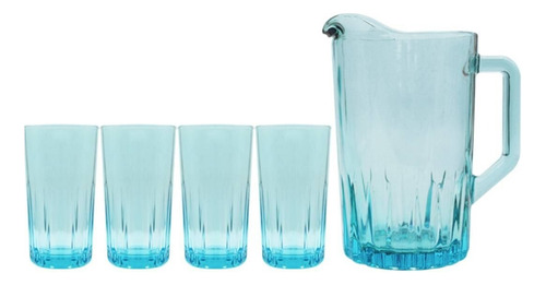 Set Jarra Para Agua Con 4 Vasos Vidrio Crisa Kristalino Azul