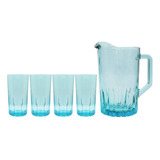 Set Jarra Para Agua Con 4 Vasos Vidrio Crisa Kristalino Azul