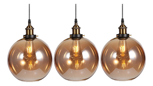 3x Pendente Vintage Industrial Vidro Globo Ambar Retro + Led