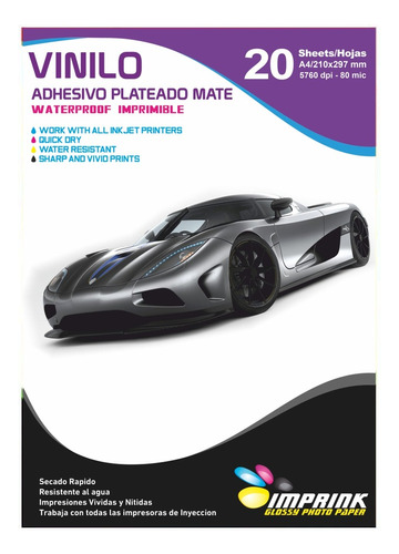 Vinilo Adhesivo Plateado Mate Imprimible A4/20hojas Imprink