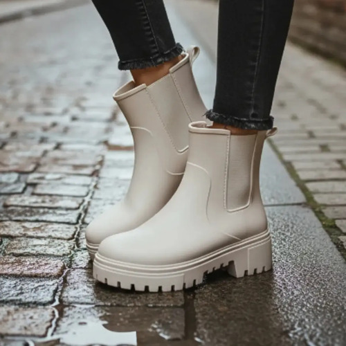 Bota Plástico Lluvia Mujer Con Elástico, Moda Gruesa Dama