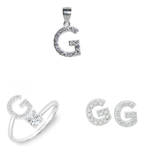 Juego Letra G Arete Dije Anillo Plata Fina 925 Sorpresa Amor