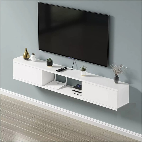 Mesa Tv  Flotante  Minimalista 2 Puertas Todo Blanco 