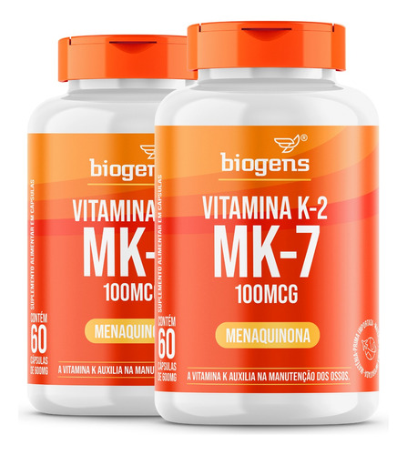 Kit 2x Vitamina K2 Mk-7, 60 Cáps, 100mcg, Mk7, Biogens, Full