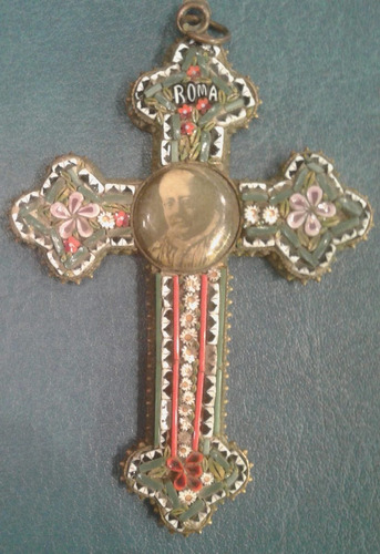 Antigua Cruz Crucifijo Micromosaico Italiana Papa Pio Xi 7cm