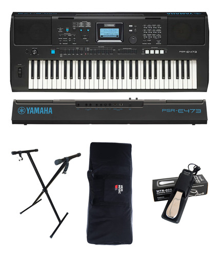 Teclado Yamaha Psr E473 5/8 + Suporte X + Capa+ Pedal Cherub