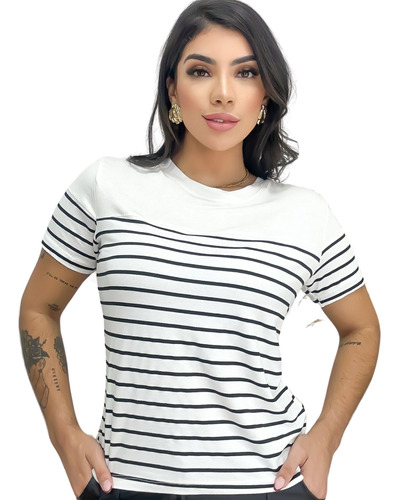  Blusa Feminina T- Shirt Camiseta Listrada Soltinha Camiseta