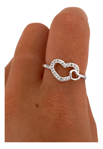 Anillo Doble Corazon Liso Y Cubic De Acero Blanco