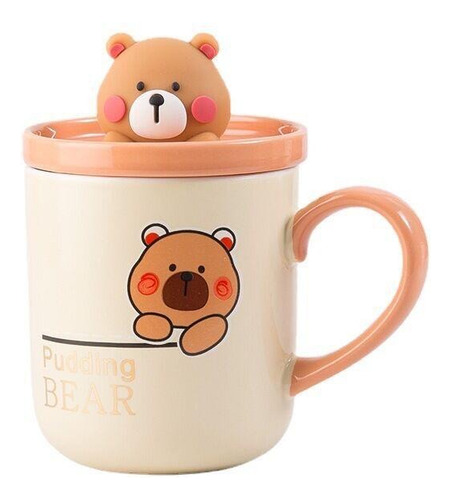 Taza Cerámica C/tapa Y Cucharita Pudding Bear 380ml Kawaii