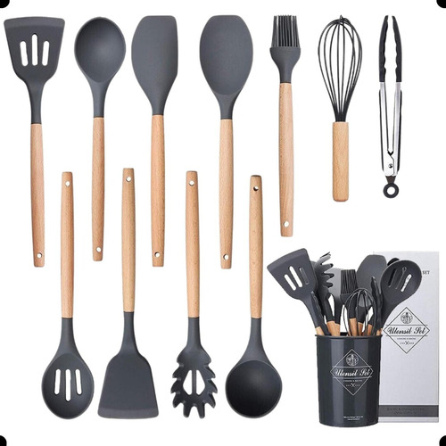 Kit 12 Utensílios De Cozinha Em Silicone E Cabo De Madeira