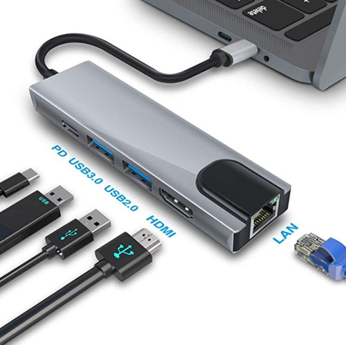 Hub Adaptador Usb-c 5 En 1 Ethernet, Hdmi, 2 X Usb3.0, Usb-c