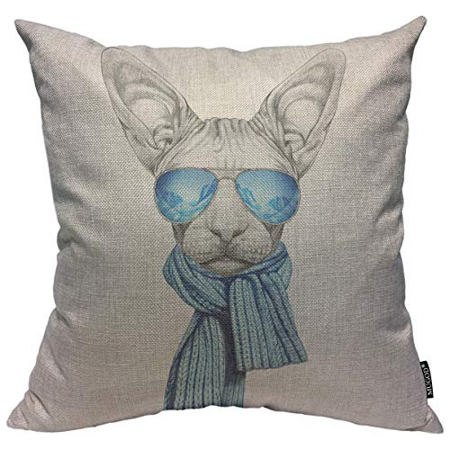 Funda De Almohada De Gato Esfinge Retrato Dibujado Mano...