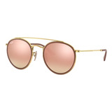 Anteojos De Sol Ray-ban Round Double Bridge Standard Con Marco De Metal Color Polished Gold, Lente Copper De Cristal Degradada/flash, Varilla Polished Gold De Metal - Rb3647n