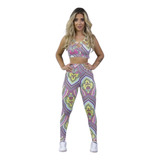 Conjunto Fitness Cropped Legging Estampada Roupas Academia