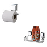 Kit Suporte Papel Higiênico + Porta Shampoo Inox Ventosa