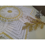 Toalha De Mesa Em Croche Estrela Natal Branco C/dourado+3brd