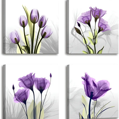 4 Cuadros Decorativos Flores Moradas Canvas Sala Comedor 4 Flores Moradas | Meses sin interés