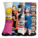 Meias Divertidas Personagens Estampadas Cano Alto 15 Pares