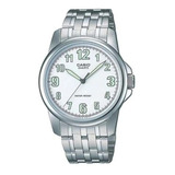 Reloj Casio Mtp-1216a-7bdf Con Detalles En Verde. Color De La Malla Plateado Color Del Bisel Plateado Color Del Fondo Blanco