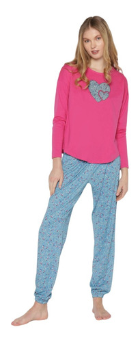 Conjunto De Pijama Dama Tops Bottoms Manga Larga Floral Azul