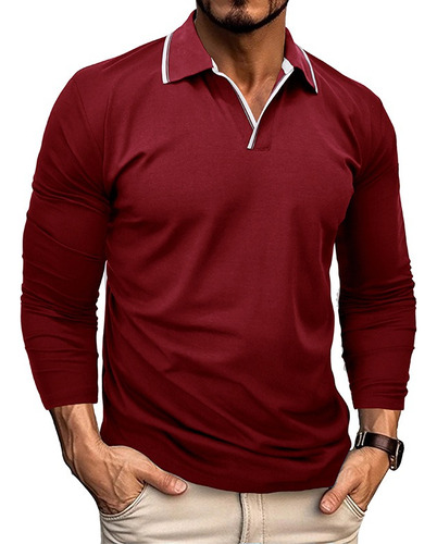 Camisas V-neck Larga Manga Polo Shirt Casual Para Hombre