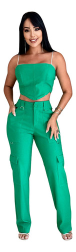 Conjunto Cropped C/ Bojo Alça Strass E Calça Cargo