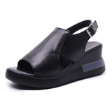 Sandalias Plataforma Zapatos Negro Cuer Suave Dama Cuña Moda